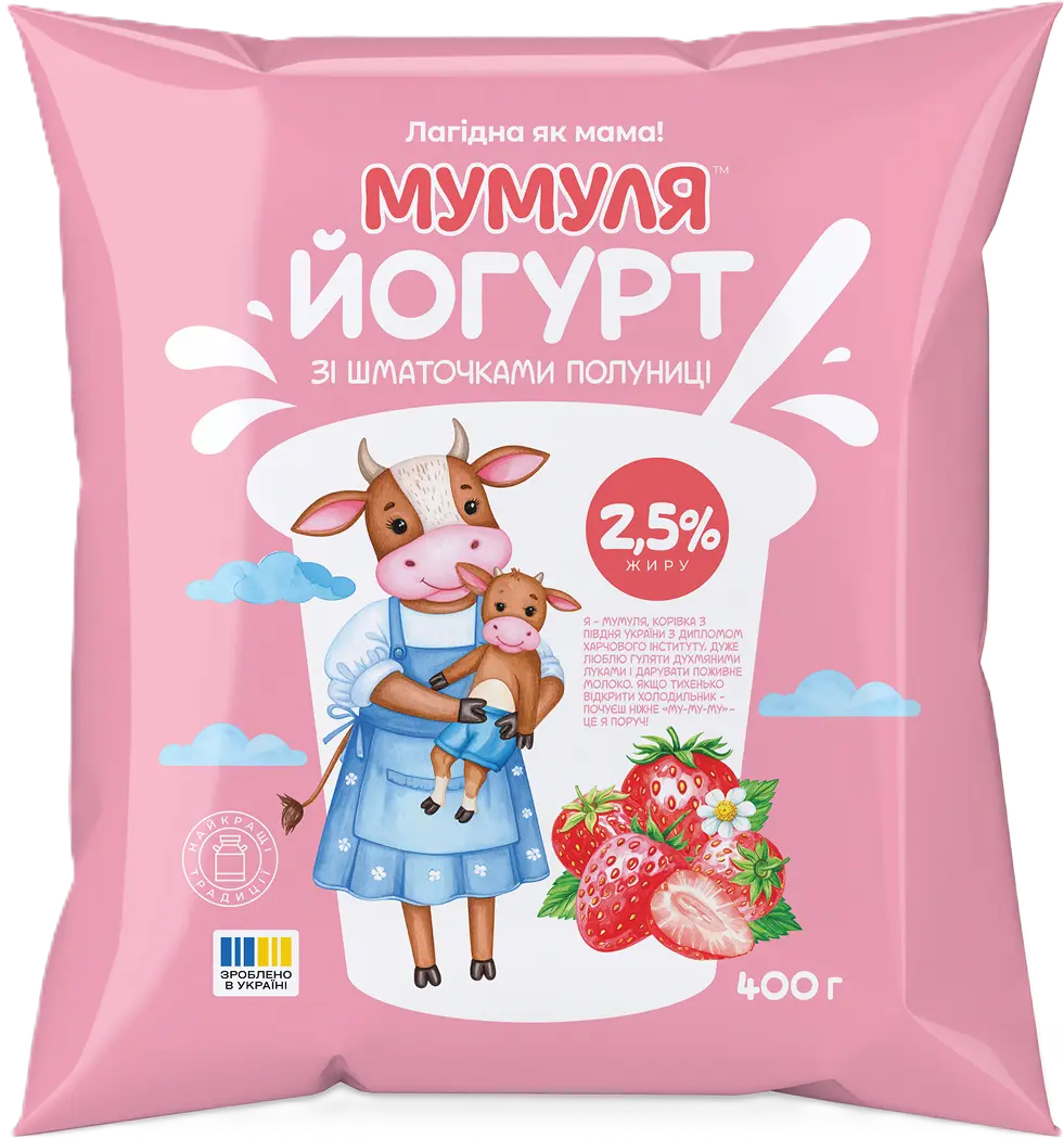 Йогурт зі шматочками полуниці 2,5% жиру ТМ «МУМУЛЯ» 400 g (г)